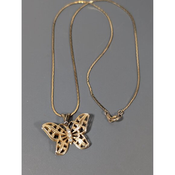 Vintage Gold Tone Butterfly Rhinestone Pendant Necklace 18" - Picture 3 of 8